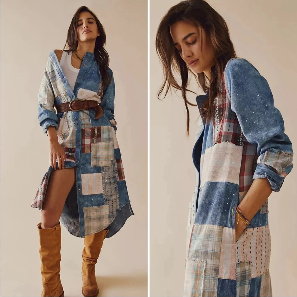 We the free Phoenix patched shittdress   It’s a Patchwork Denim Maxi Dress